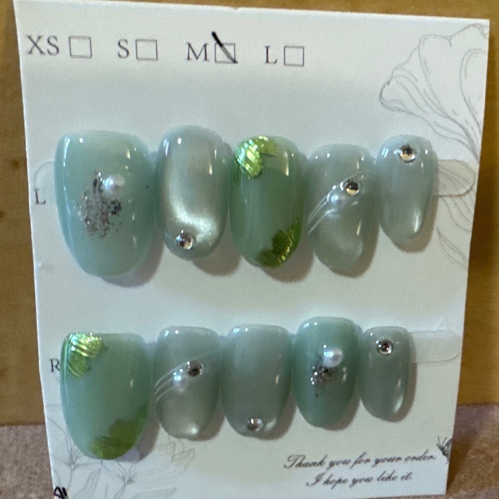 Sage Green Cat Eye Press On Nails Medium Oval Pearl Rhinestone Foil 10pc Set